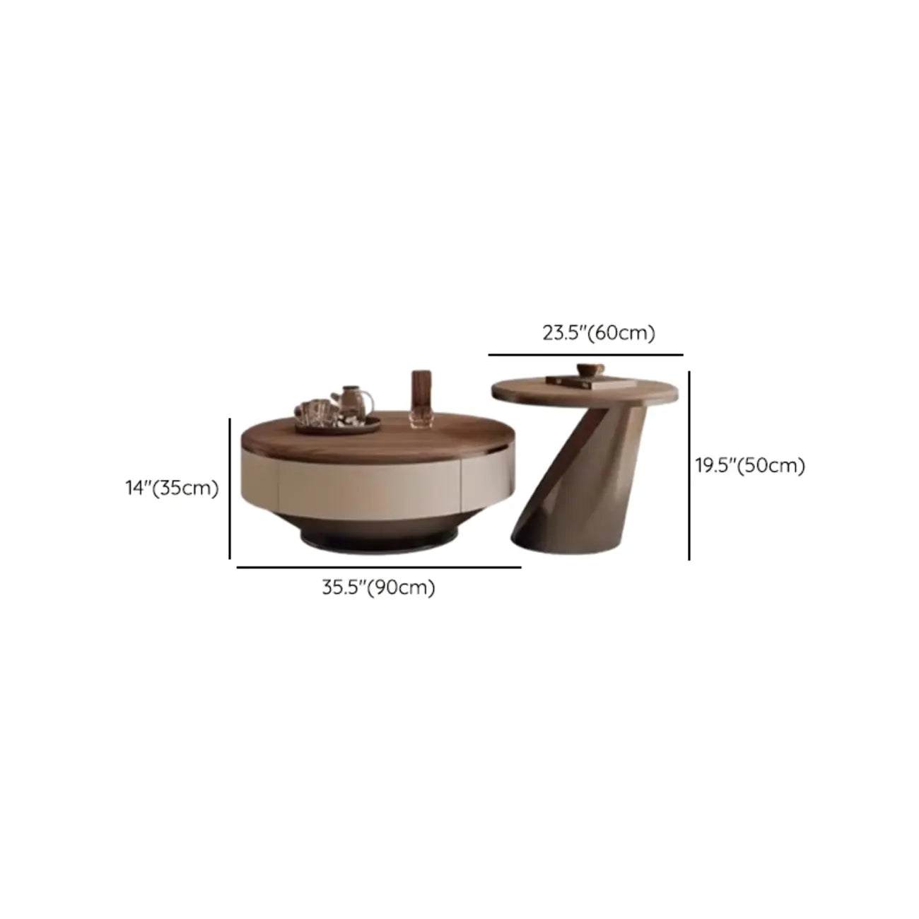 Table basse ronde élégante en bois marron à 2 tiroirs