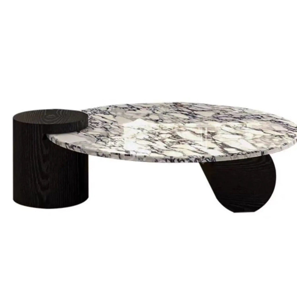 Table basse ronde élégante en marbre blanc et bois