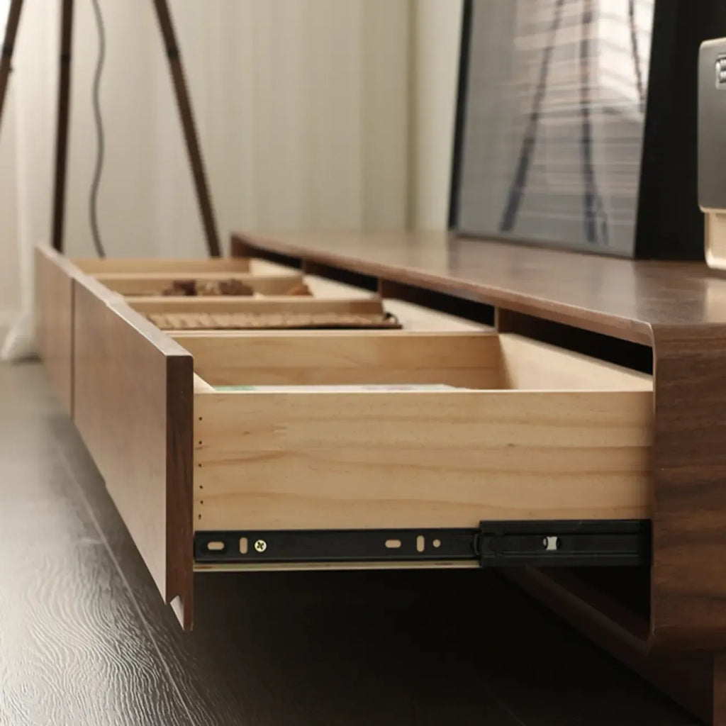 Meuble TV moderne en bois marron de 63 pouces avec système de gestion des câbles