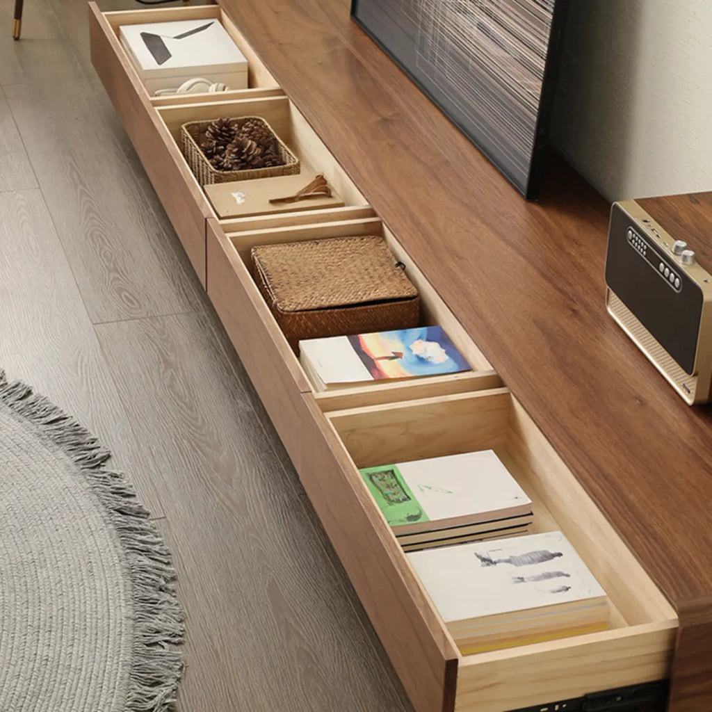 Meuble TV moderne en bois marron de 63 pouces avec système de gestion des câbles