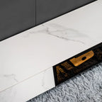 Meuble TV rectangulaire moderne en pierre noire avec tiroirs et éclairage LED