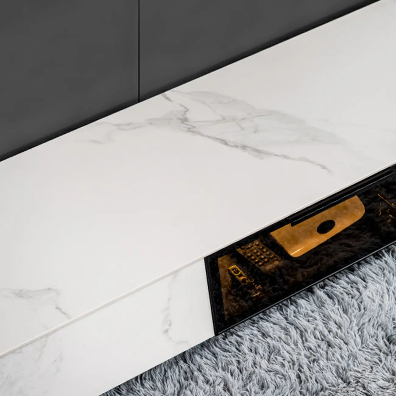 Meuble TV rectangulaire moderne en pierre noire avec tiroirs et éclairage LED