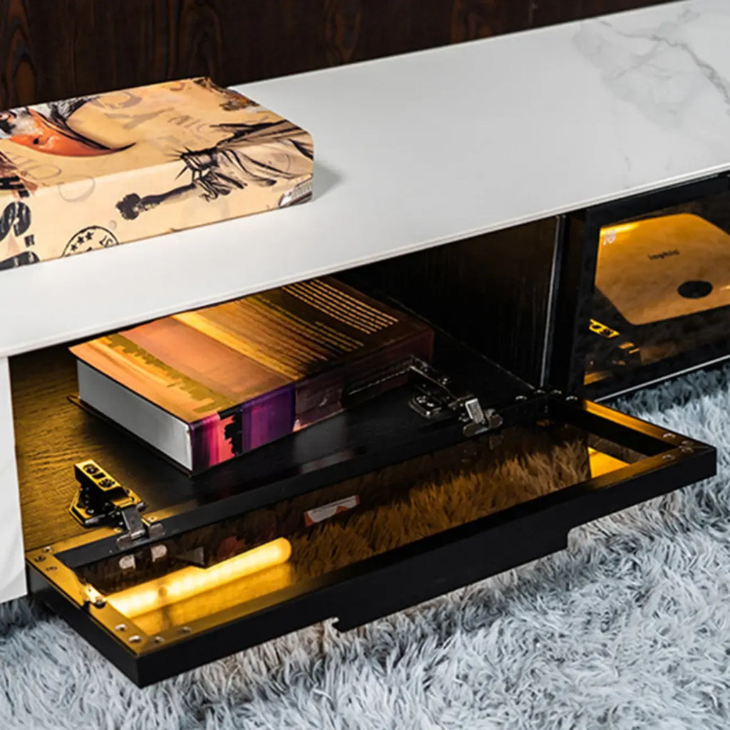 Meuble TV rectangulaire moderne en pierre noire avec tiroirs et éclairage LED