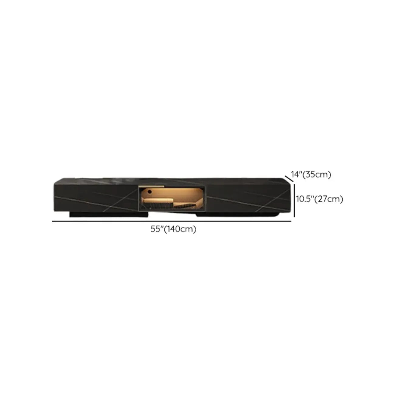 Meuble TV rectangulaire moderne en pierre noire avec tiroirs et éclairage LED