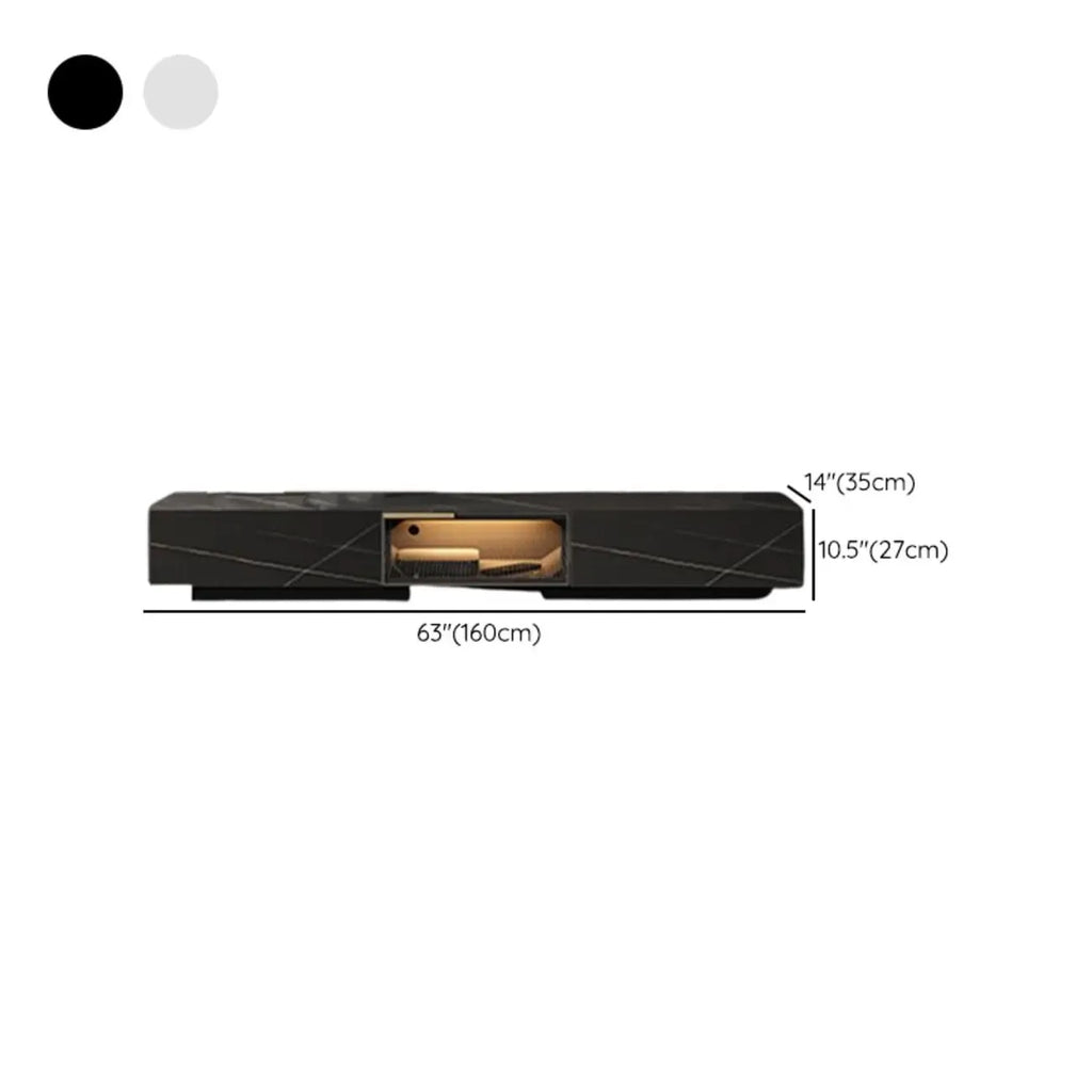 Meuble TV rectangulaire moderne en pierre noire avec tiroirs et éclairage LED