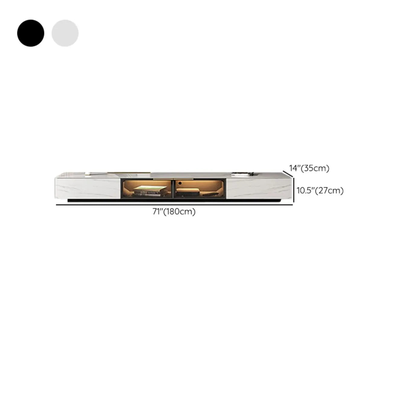 Meuble TV rectangulaire moderne en pierre noire avec tiroirs et éclairage LED