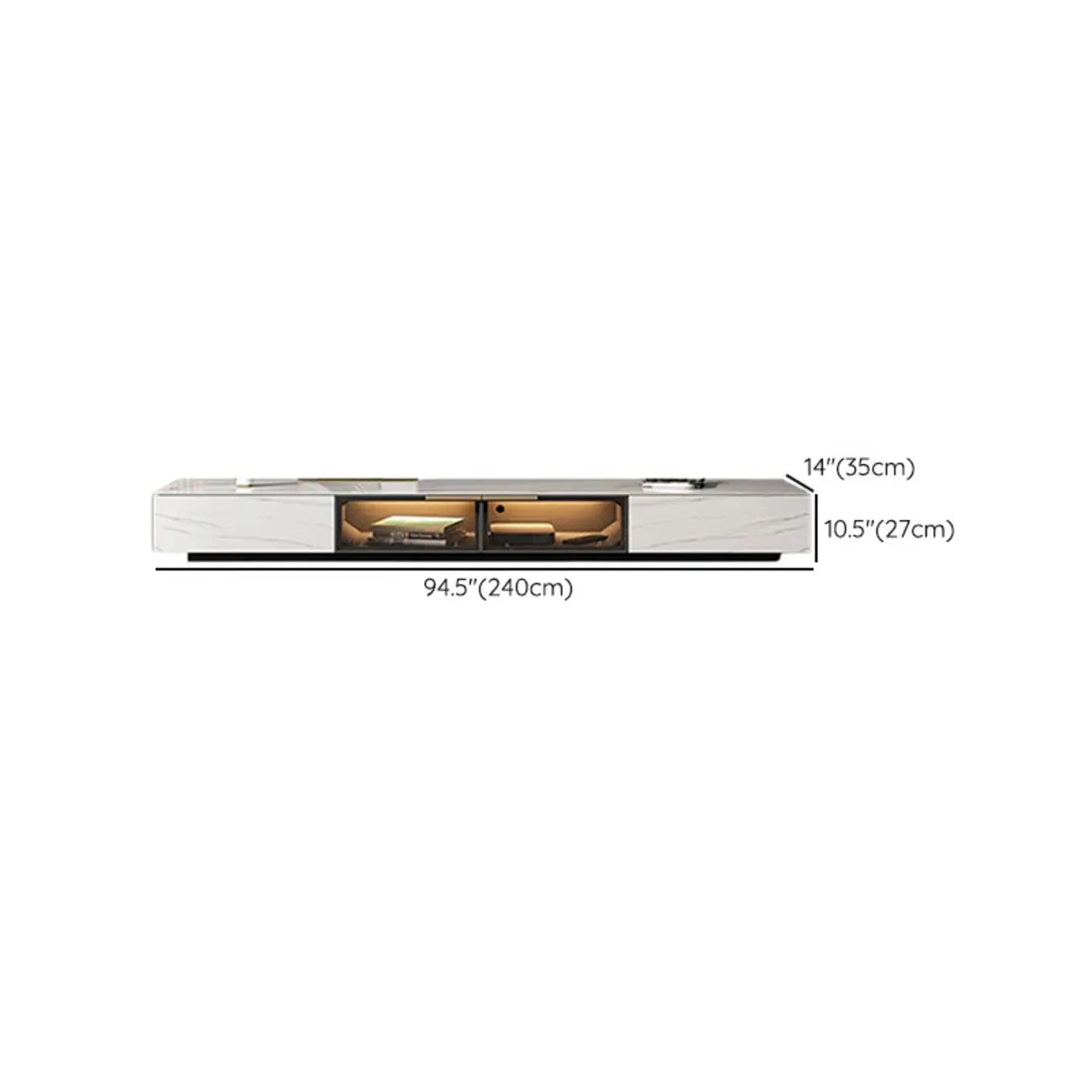 Meuble TV rectangulaire moderne en pierre noire avec tiroirs et éclairage LED
