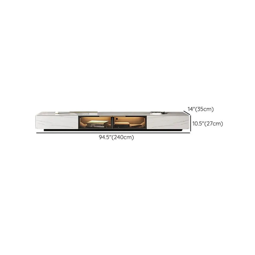 Meuble TV rectangulaire moderne en pierre noire avec tiroirs et éclairage LED