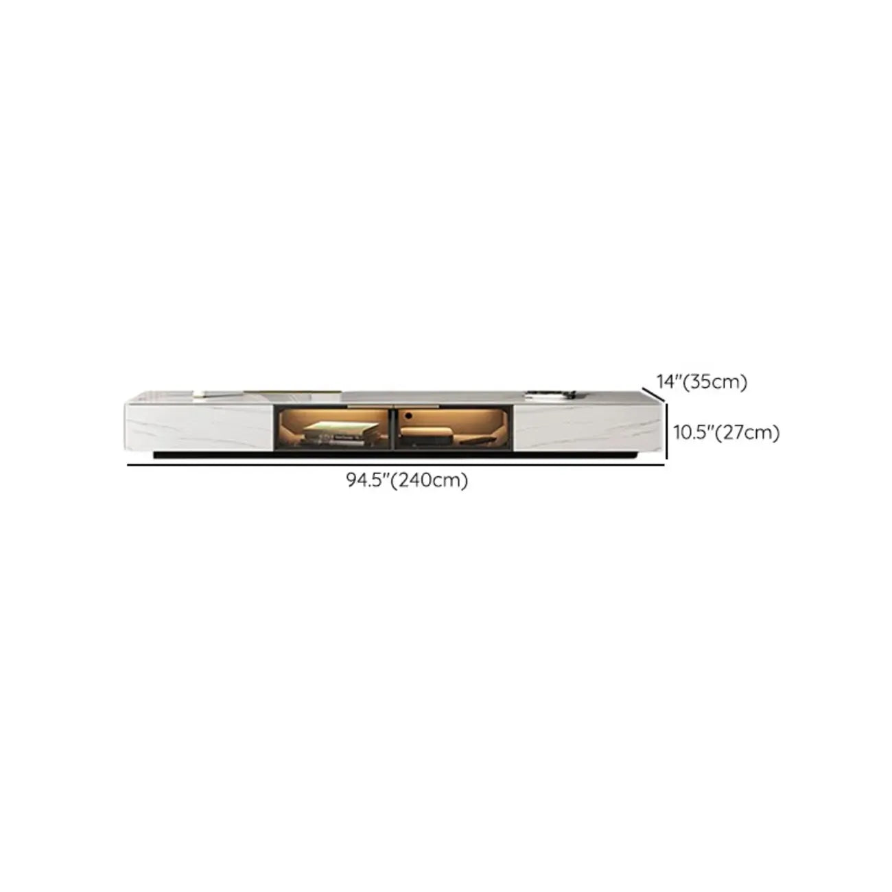 Meuble TV rectangulaire moderne en pierre noire avec tiroirs et éclairage LED