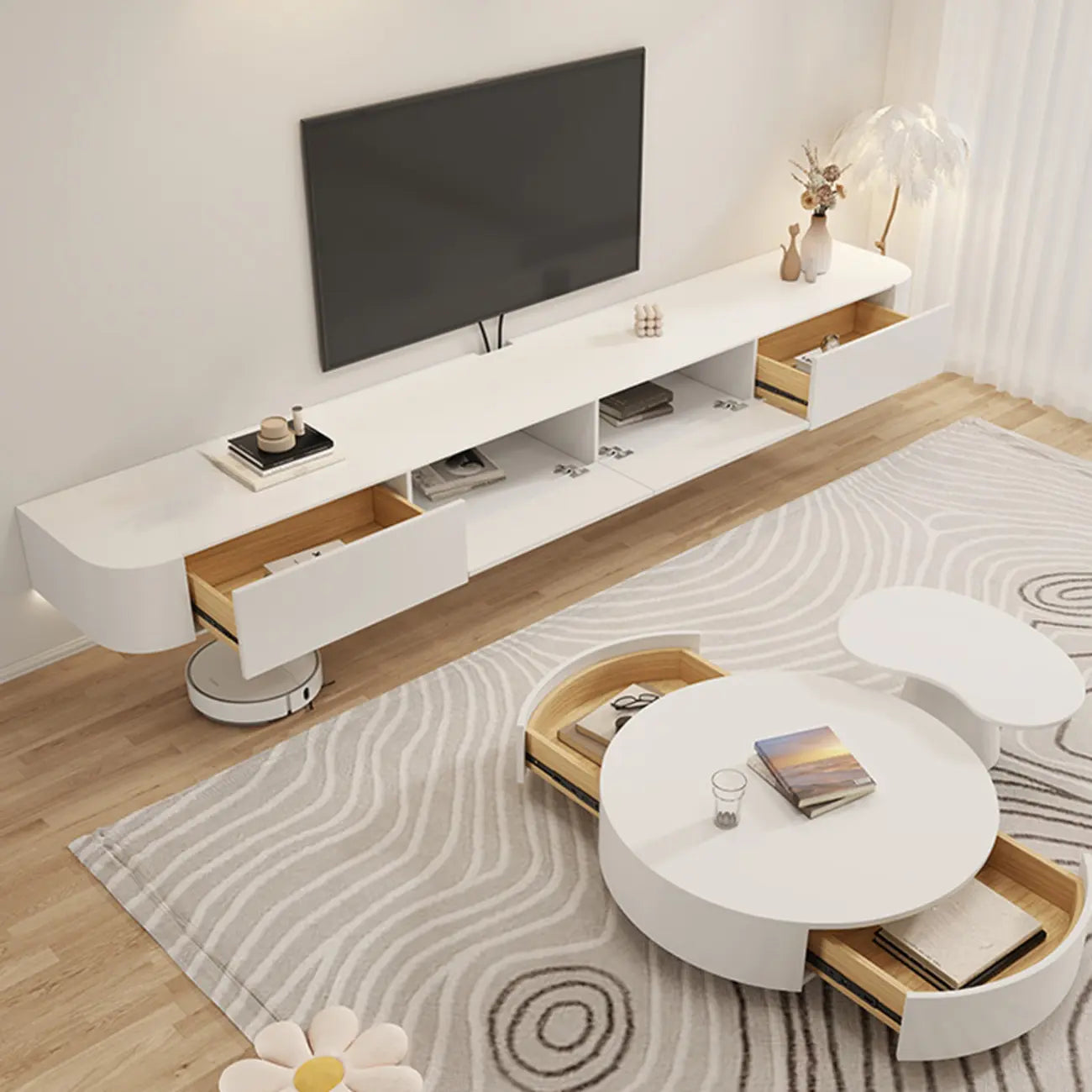 Mobile TV sospeso con luci LED, 79", bianco legno