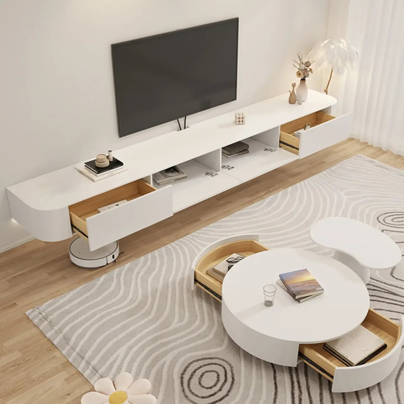 Mobile TV sospeso con luci LED, 79", bianco legno
