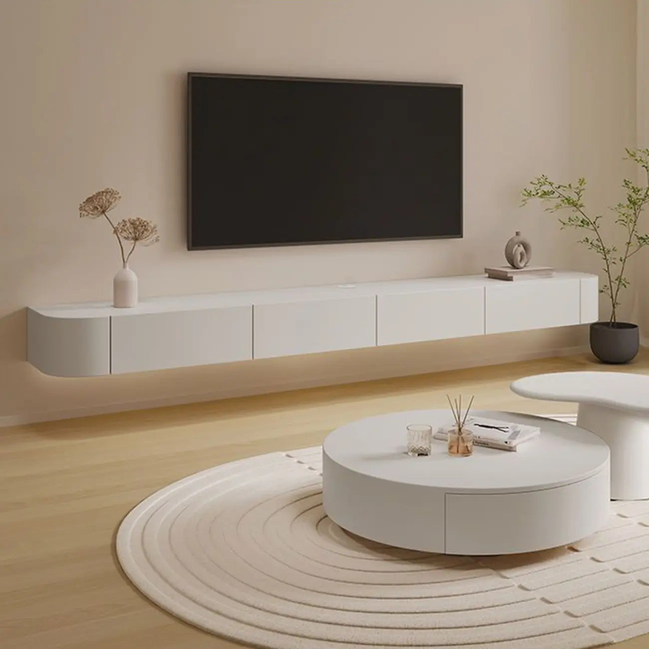 Mobile TV sospeso con luci LED, 79", bianco legno