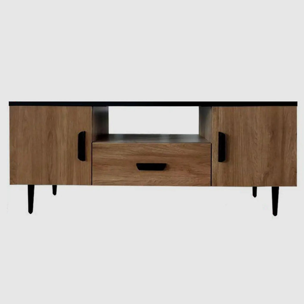 Meuble TV en bois brun avec étagère et pieds en métal