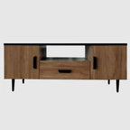 Meuble TV en bois brun avec étagère et pieds en métal