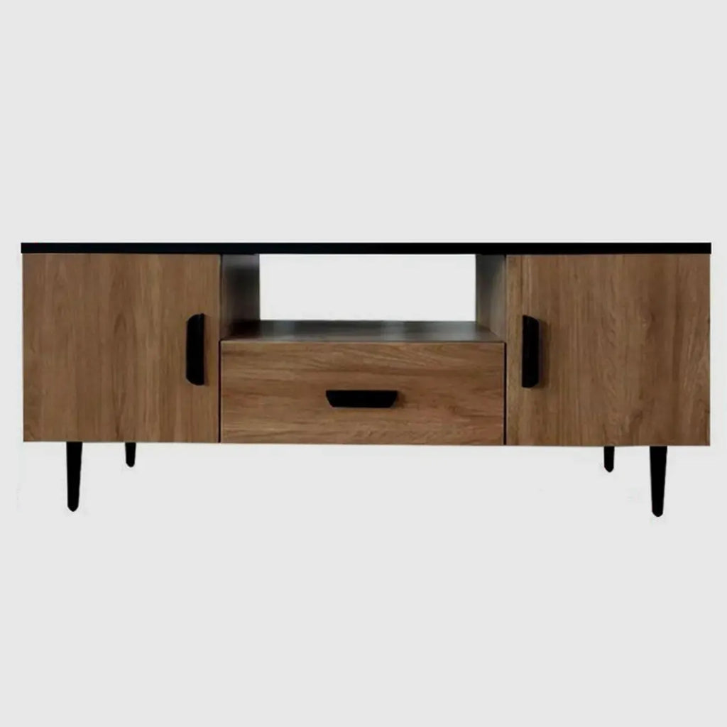 Meuble TV en bois brun avec étagère et pieds en métal