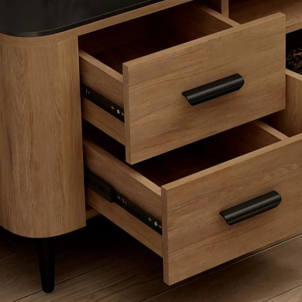 Meuble TV en bois brun avec étagère et pieds en métal