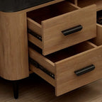 Meuble TV en bois brun avec étagère et pieds en métal