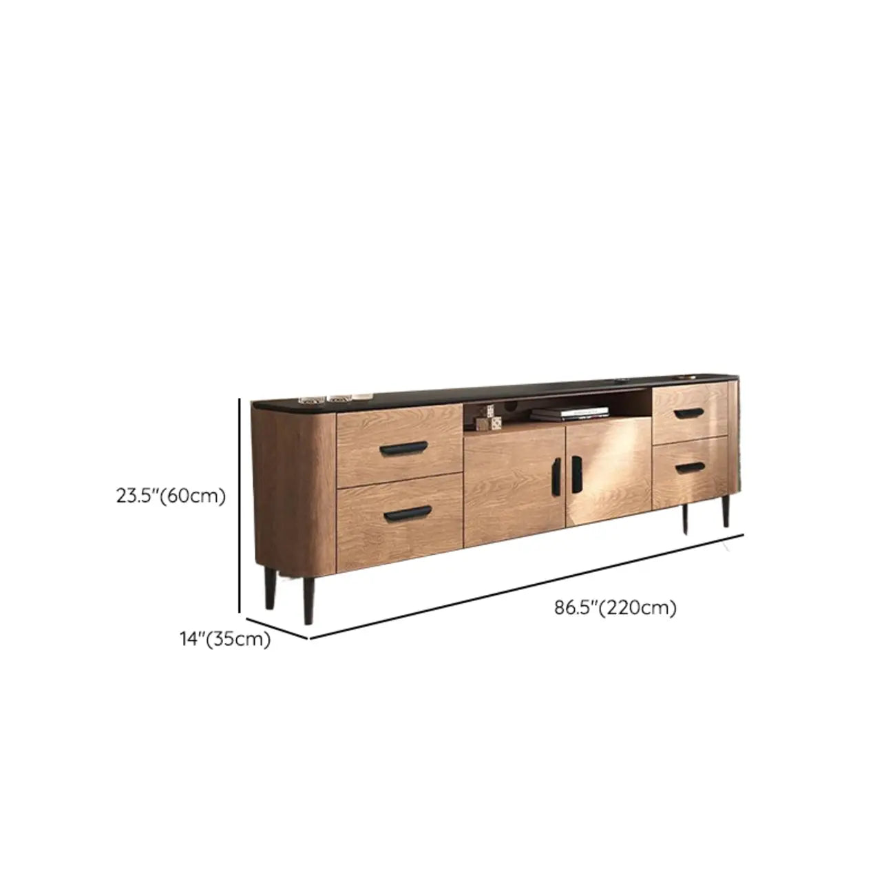 Meuble TV en bois brun avec étagère et pieds en métal
