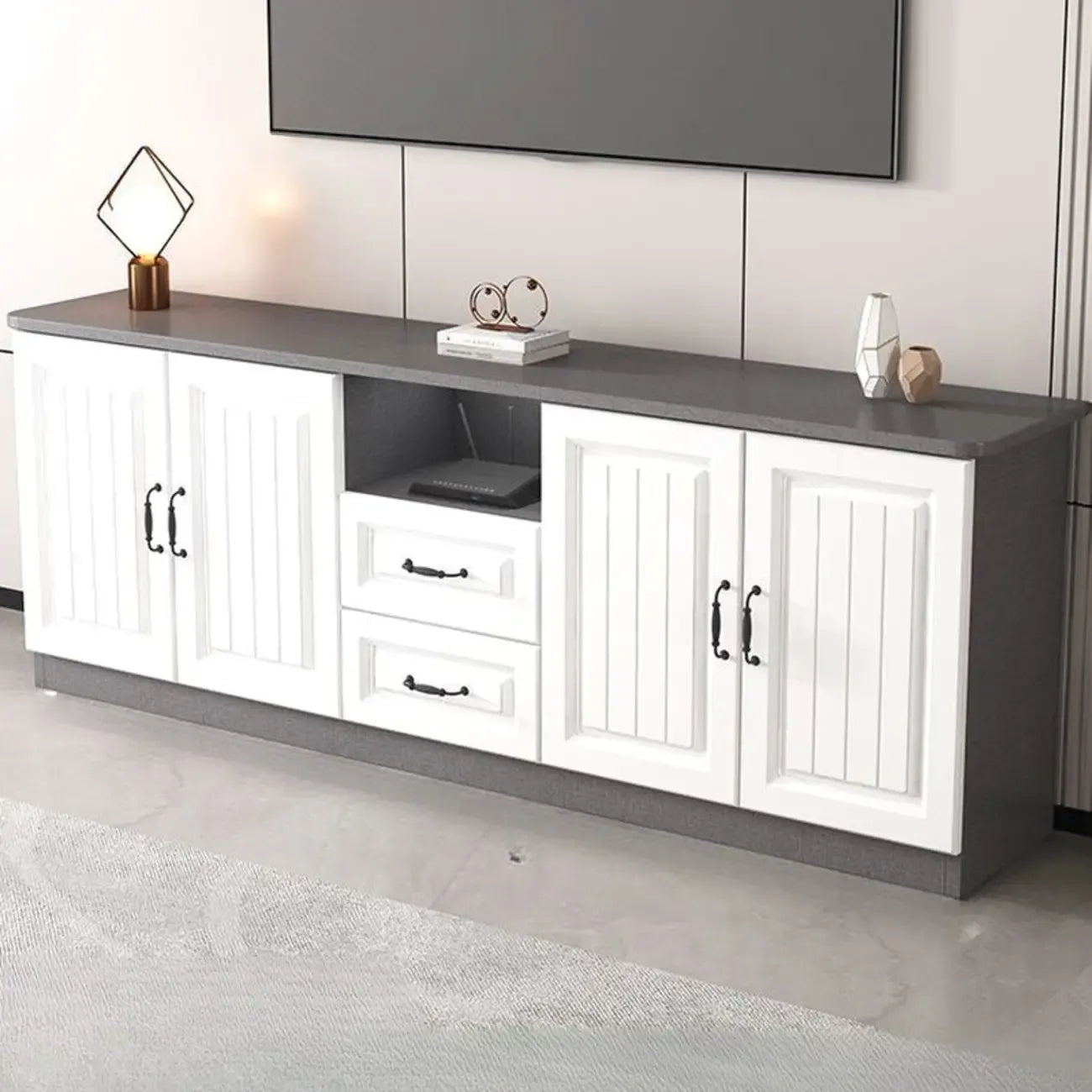 Mobile TV da soggiorno con 63 cassetti e ripiani aperti, in legno grigio