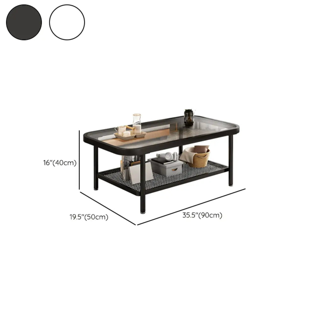 Tavolino da caffè rettangolare moderno in vetro color crema a 2 ripiani
