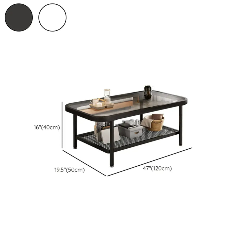 Tavolino da caffè rettangolare moderno in vetro color crema a 2 ripiani