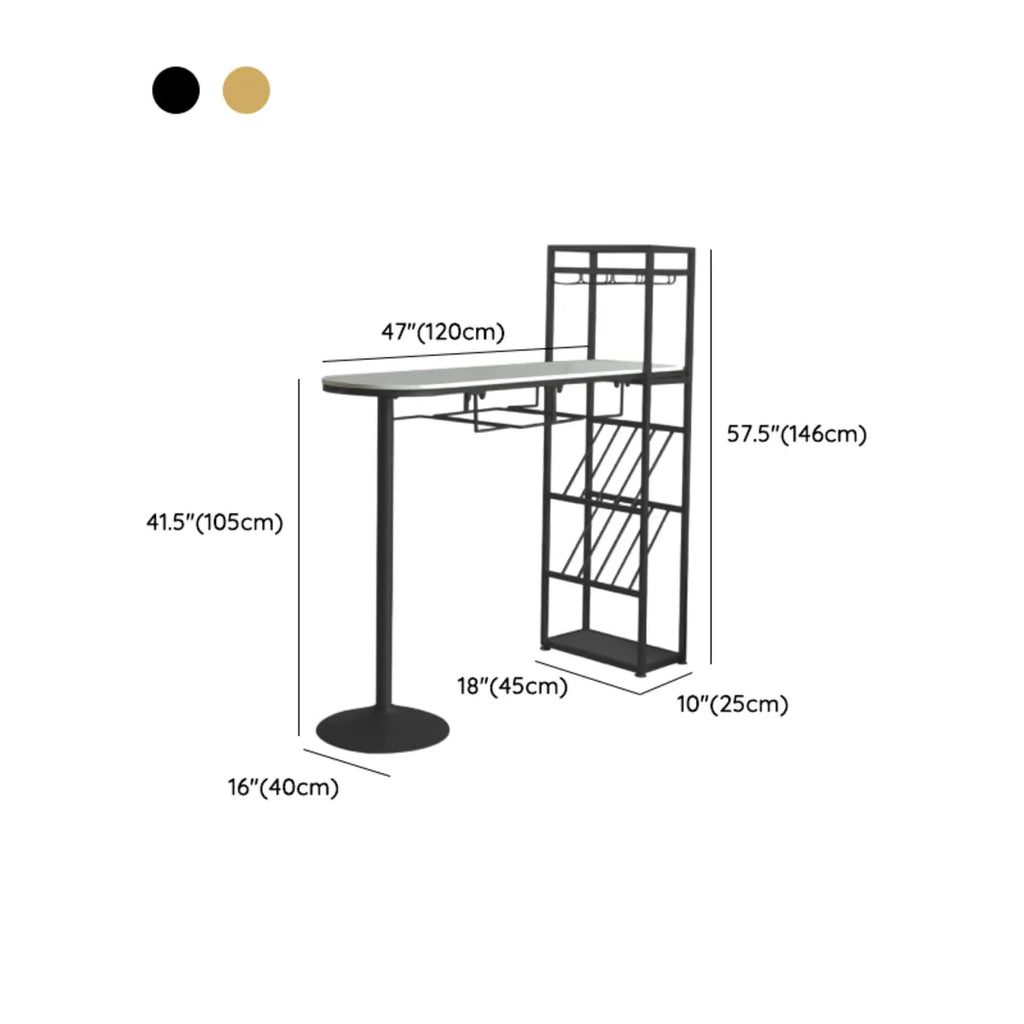 Table de bar moderne dorée avec étagères de rangement pour bouteilles de vin, idéale pour les bars à domicile.