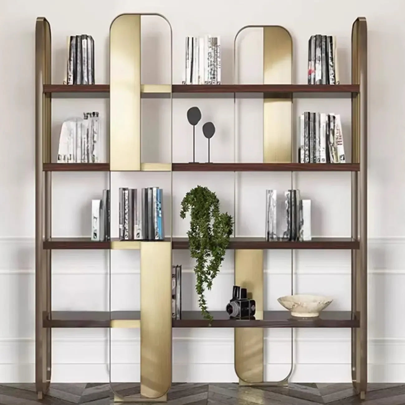Étagère horizontale minimaliste en bois et acier, bibliothèque