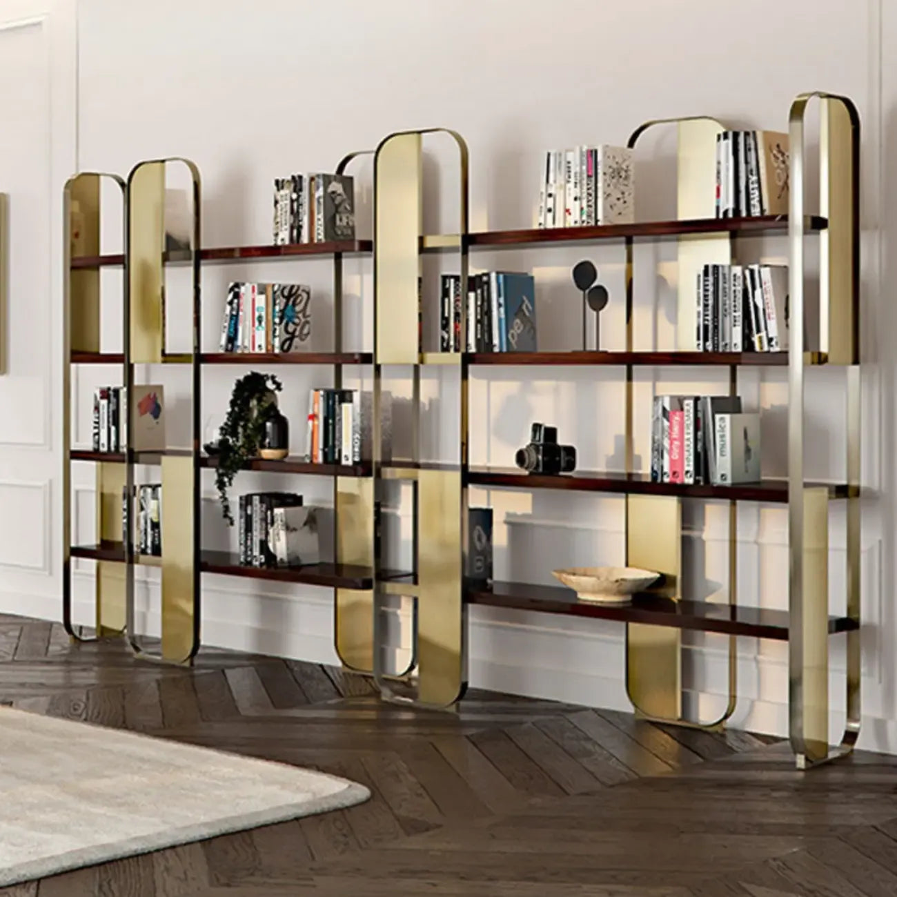 Étagère horizontale minimaliste en bois et acier, bibliothèque