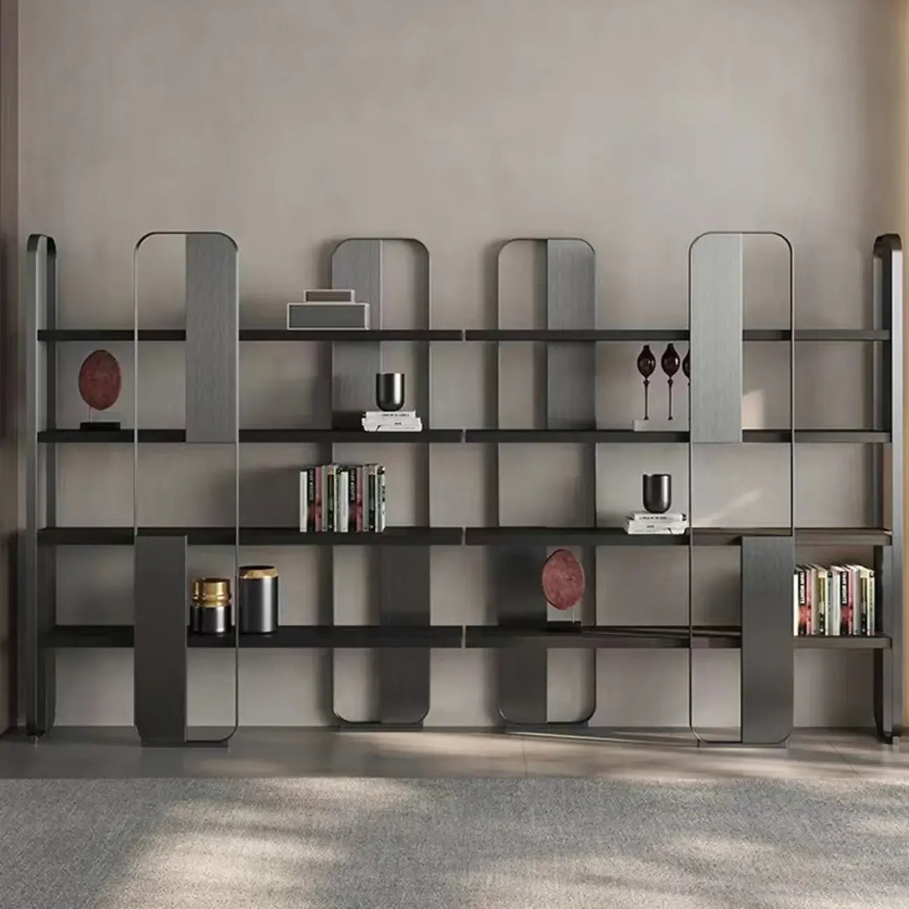Étagère horizontale minimaliste en bois et acier, bibliothèque