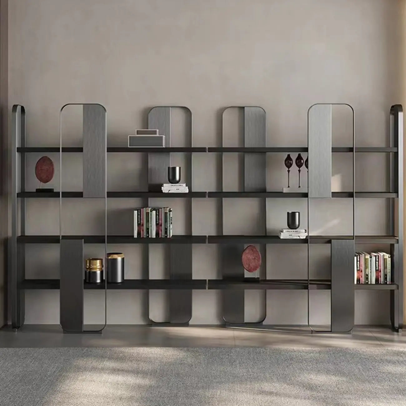 Étagère horizontale minimaliste en bois et acier, bibliothèque