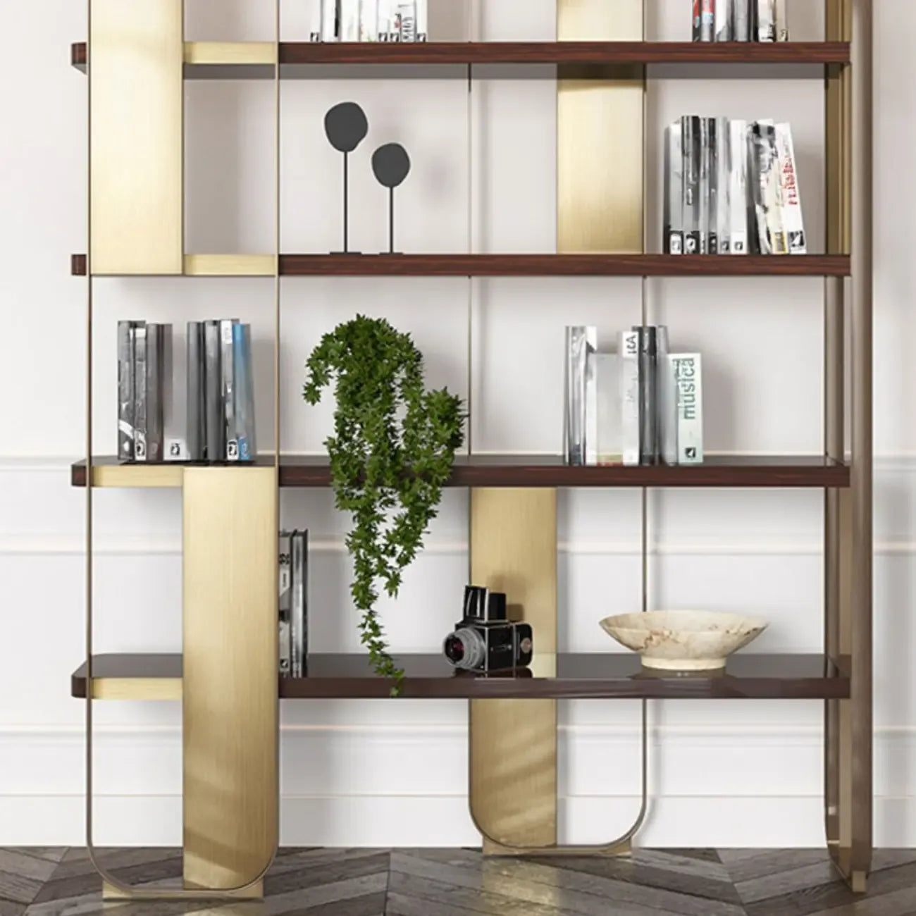 Étagère horizontale minimaliste en bois et acier, bibliothèque
