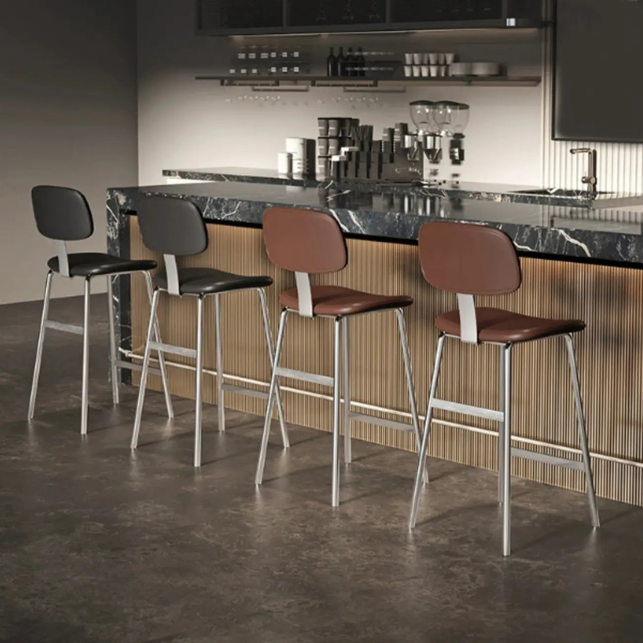 Tabourets de bar industriels en similicuir avec structure en métal et dossier