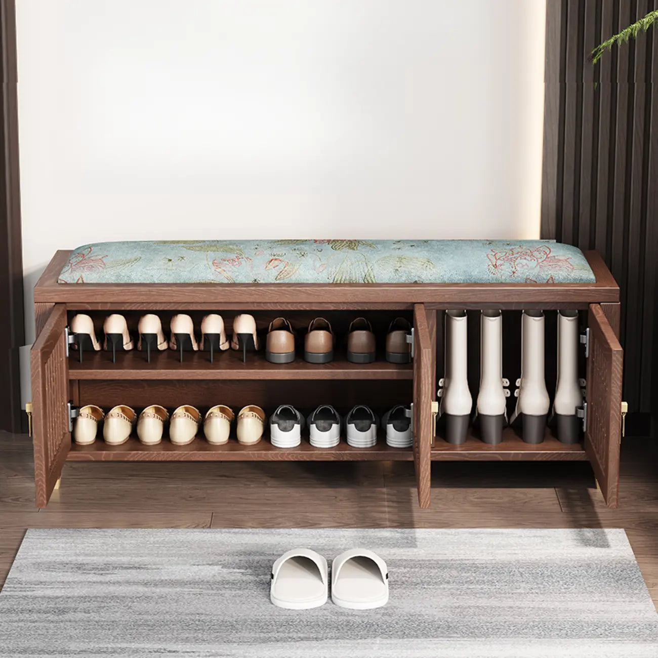 Banc traditionnel en bois rembourré avec coffre de rangement