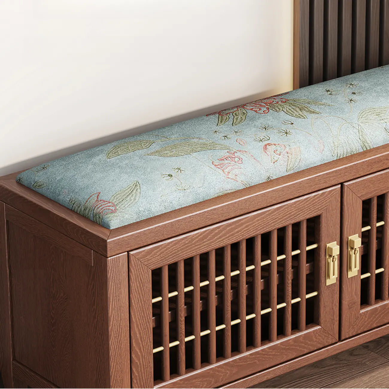 Banc traditionnel en bois rembourré avec coffre de rangement