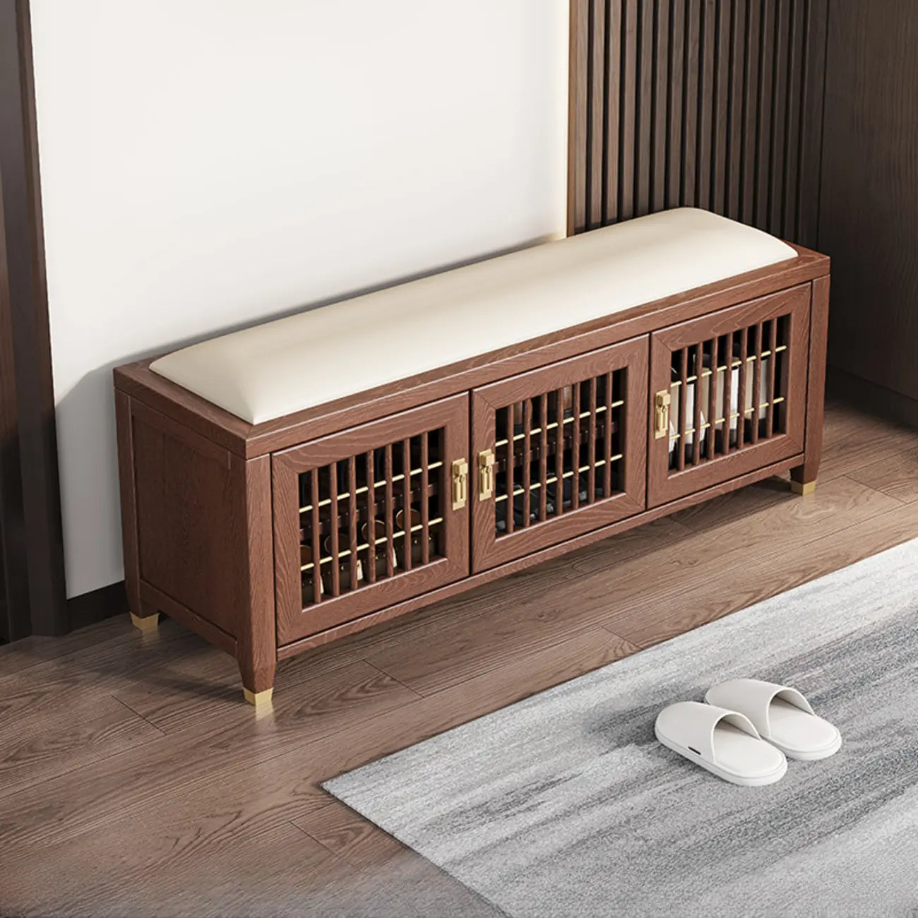 Banc traditionnel en bois rembourré avec coffre de rangement