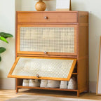Meuble à chaussures bohème en bois brun avec portes en rotin