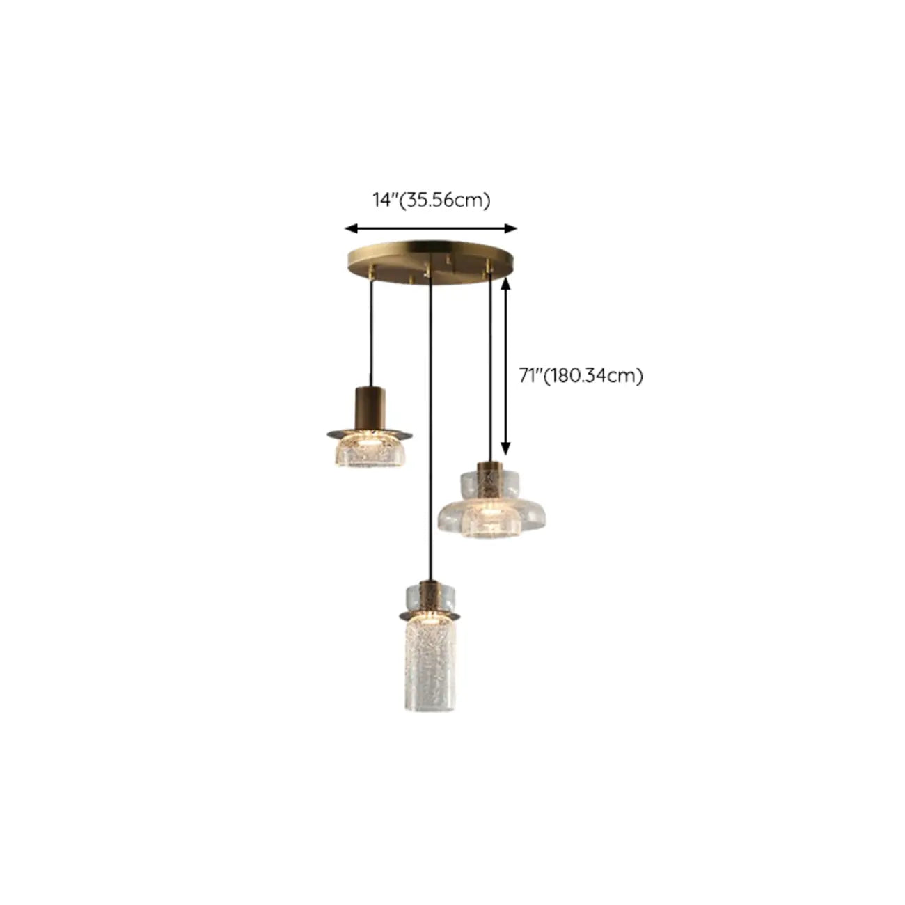 Suspension moderne en laiton et verre craquelé avec éclairage LED chaud