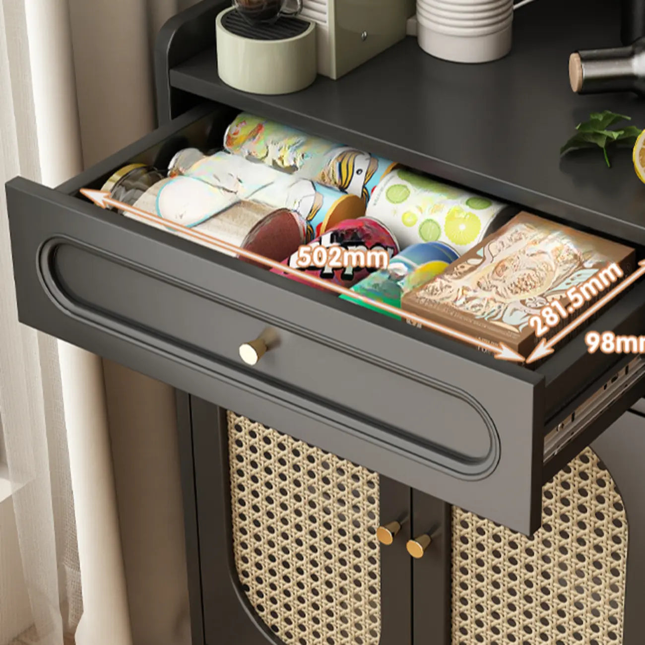 Buffet de cuisine en rotin noir avec tiroirs