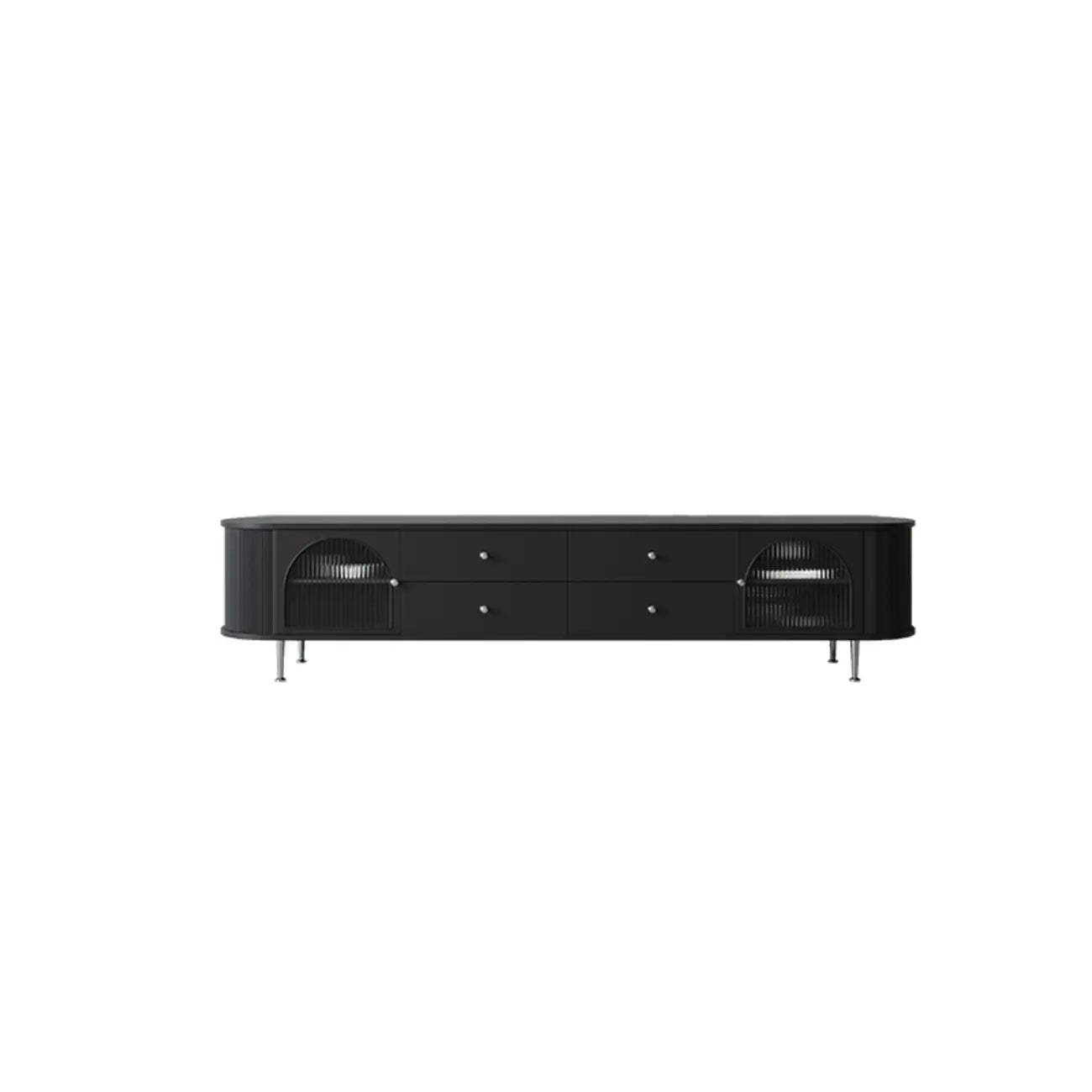 Meuble TV long à 2 niveaux en bois noir avec portes vitrées