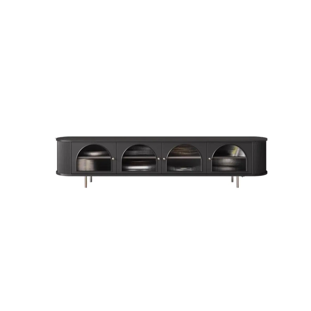 Meuble TV long à 2 niveaux en bois noir avec portes vitrées