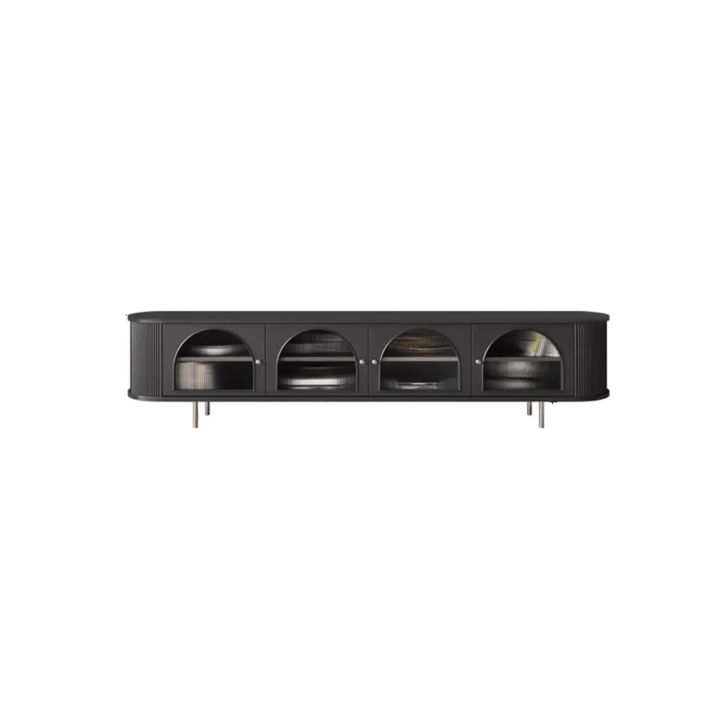 Meuble TV long à 2 niveaux en bois noir avec portes vitrées