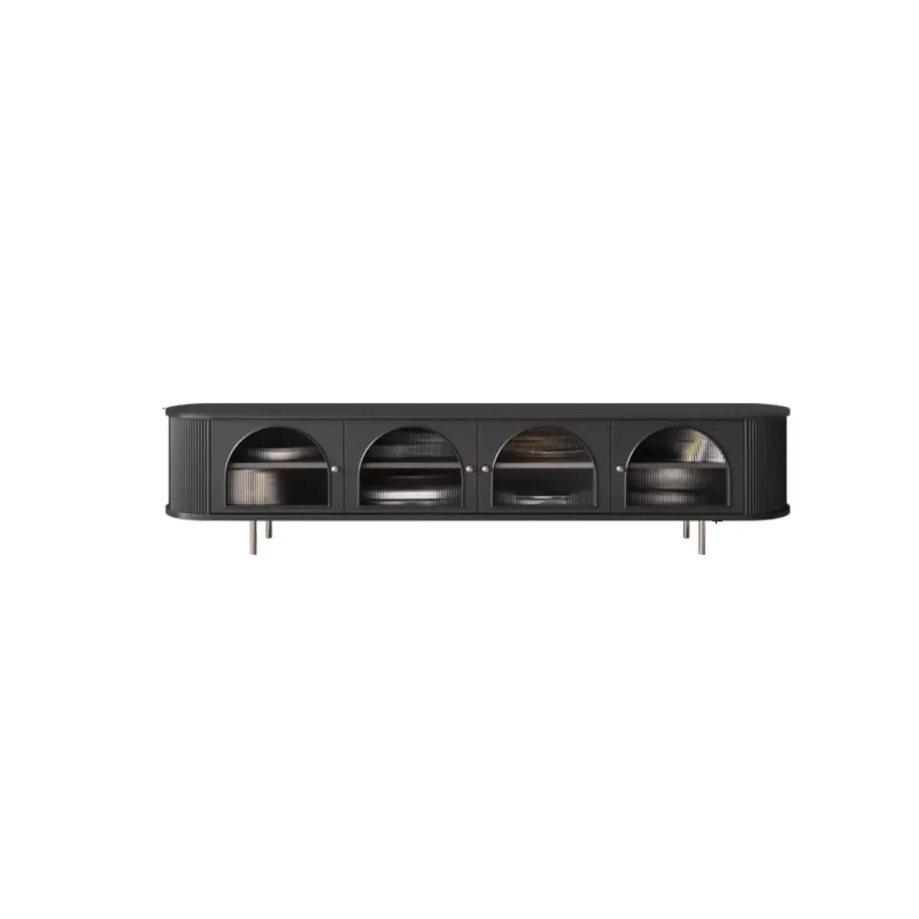 Meuble TV long à 2 niveaux en bois noir avec portes vitrées