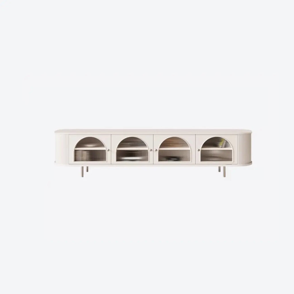Meuble TV long à 2 niveaux en bois noir avec portes vitrées