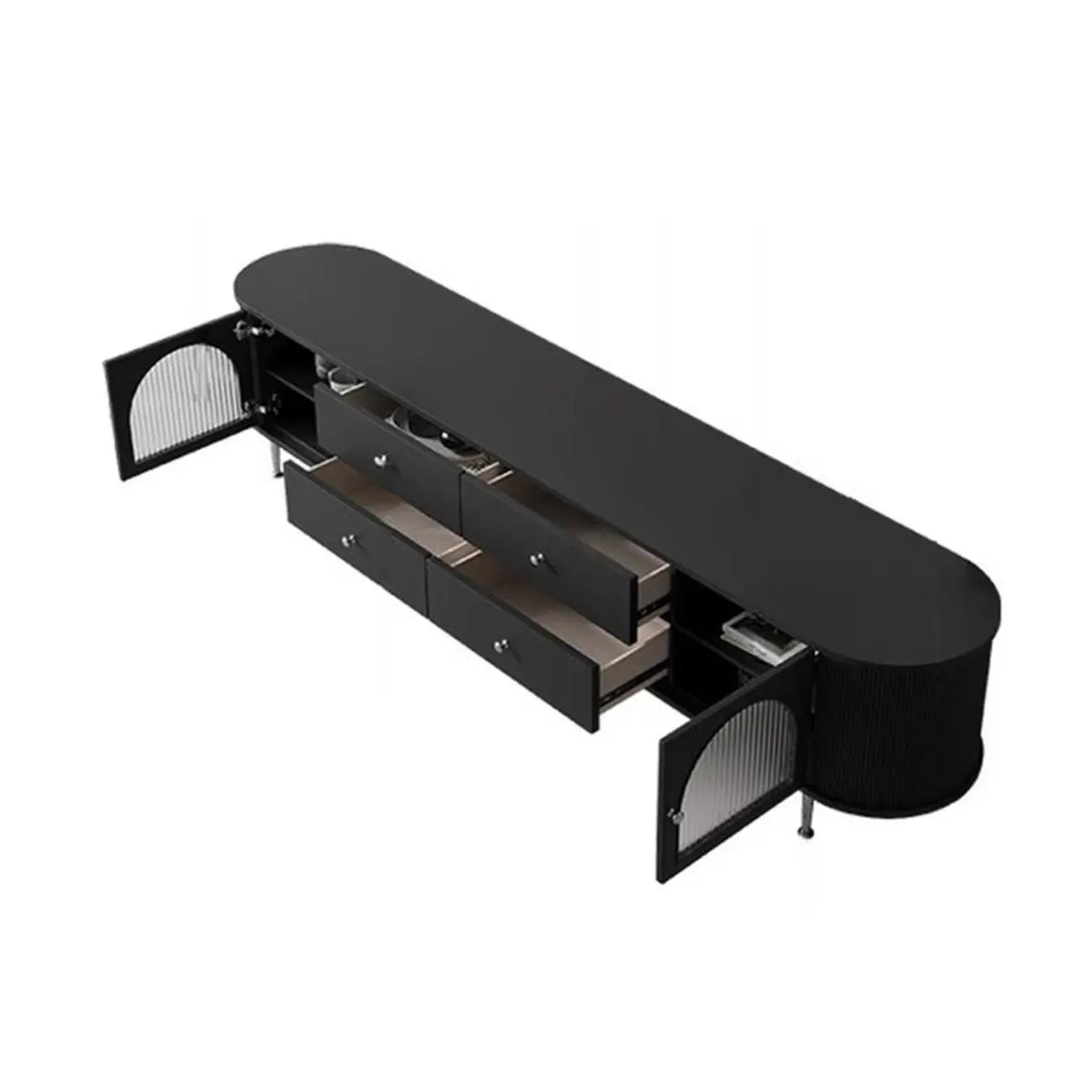 Meuble TV long à 2 niveaux en bois noir avec portes vitrées