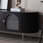 Meuble TV long à 2 niveaux en bois noir avec portes vitrées