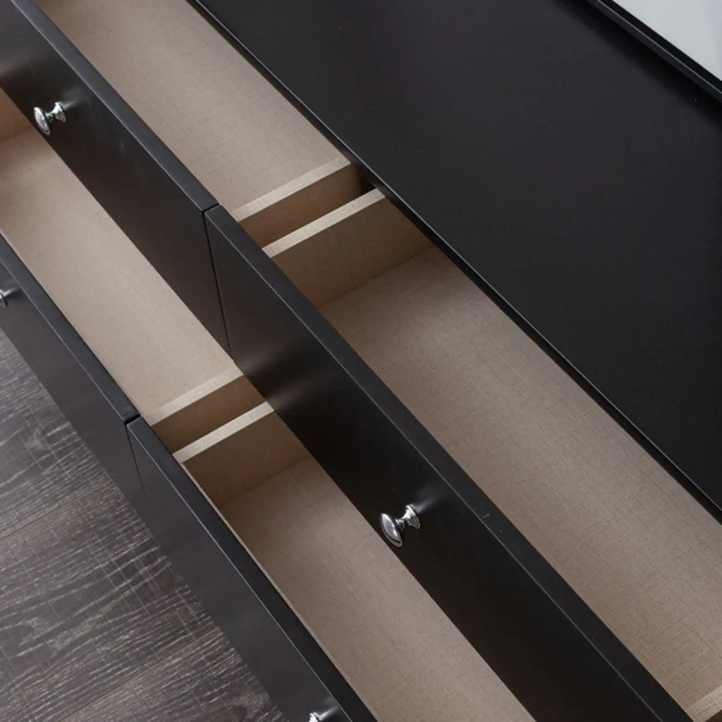 Meuble TV long à 2 niveaux en bois noir avec portes vitrées