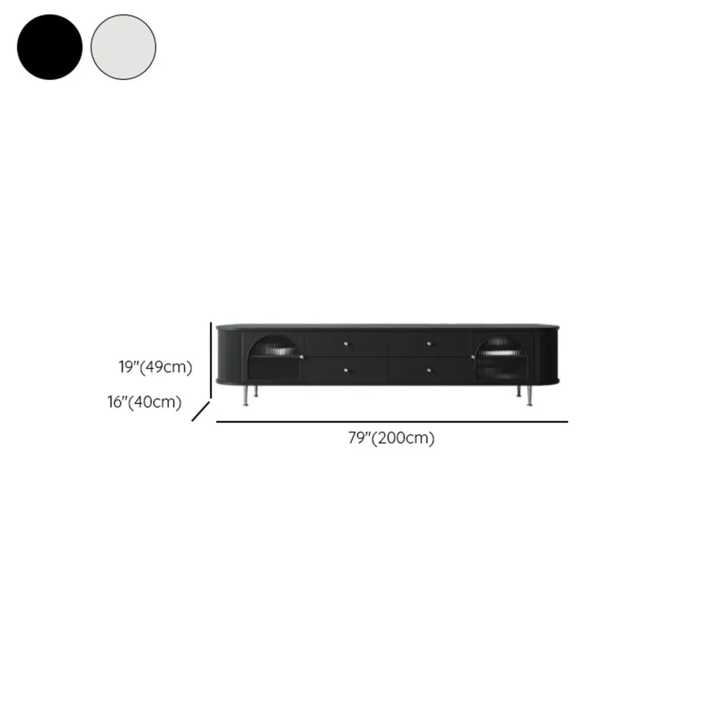 Meuble TV long à 2 niveaux en bois noir avec portes vitrées