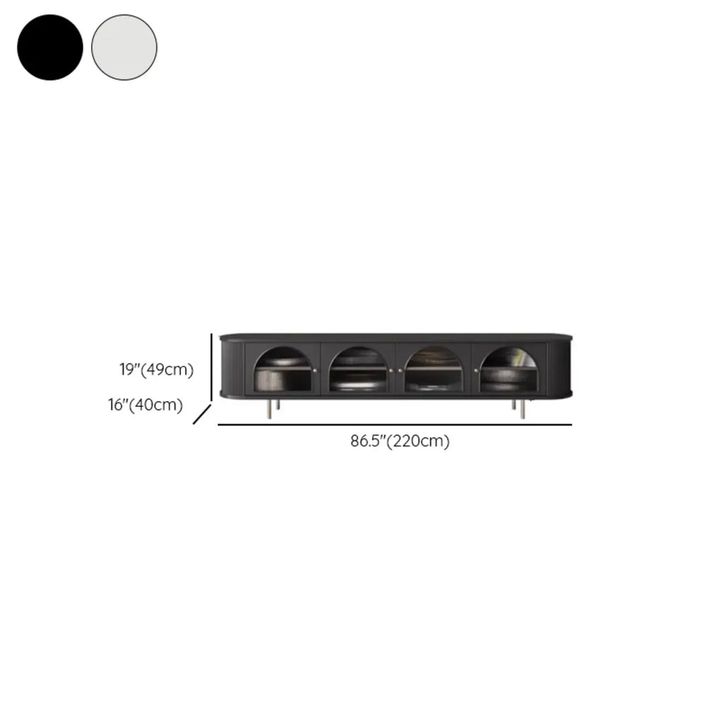 Meuble TV long à 2 niveaux en bois noir avec portes vitrées