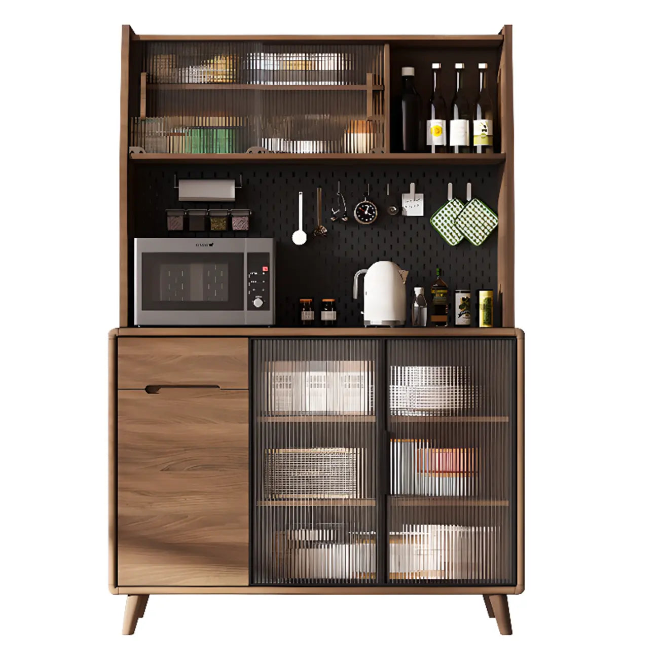 Buffet de cuisine en bois brun avec panneau perforé