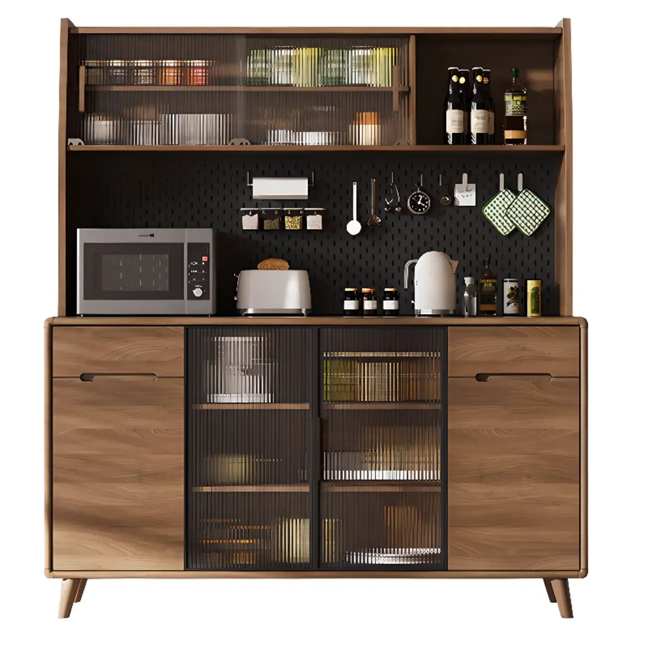 Buffet de cuisine en bois brun avec panneau perforé